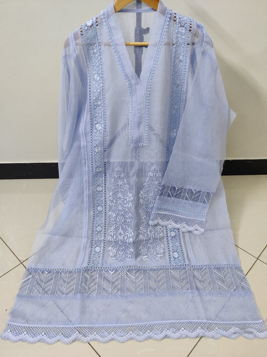 Cutwork Silk Applique Ice Blue 2pc
