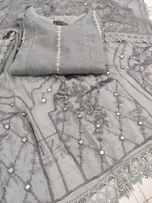 Silk Applique Pishwas Grey 3pc