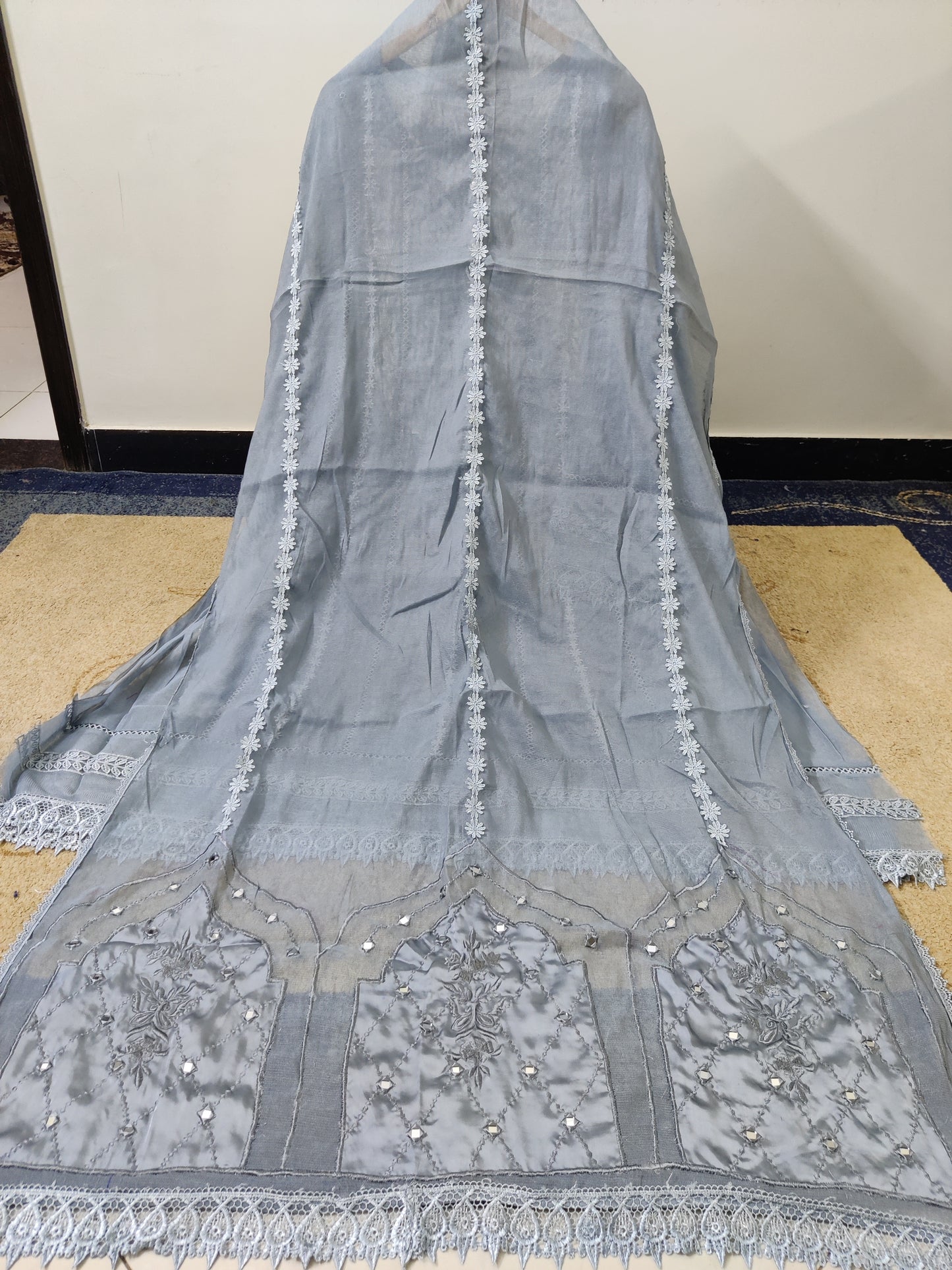 Silk Applique Pishwas Grey 3pc