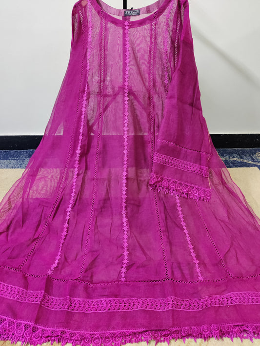 Silk Applique Pishwas Hot Pink 3pc