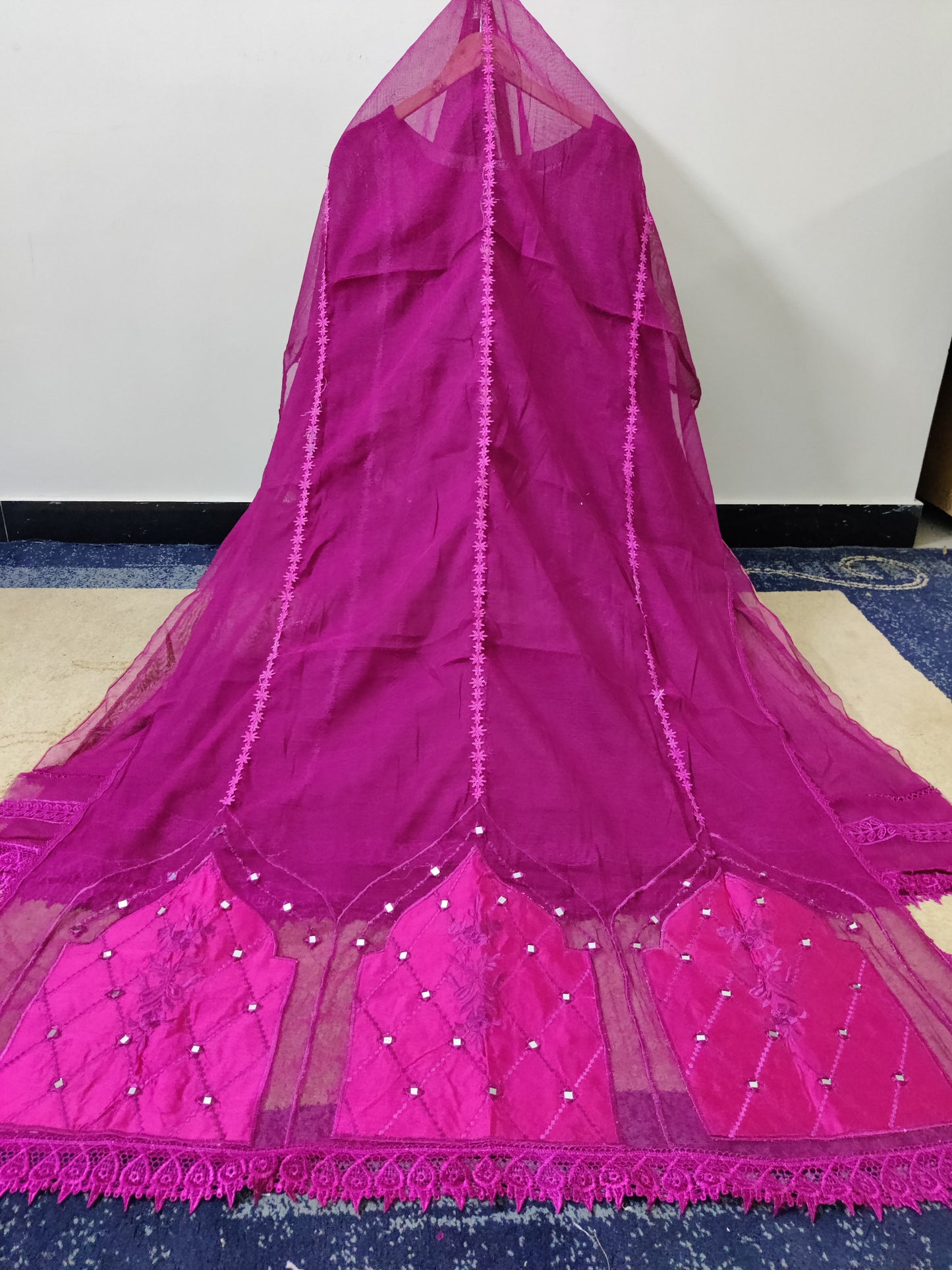 Silk Applique Pishwas Hot Pink 3pc