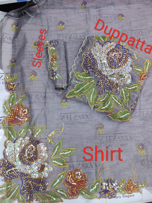 Grey Hand Embellished Hand painted Cutwork