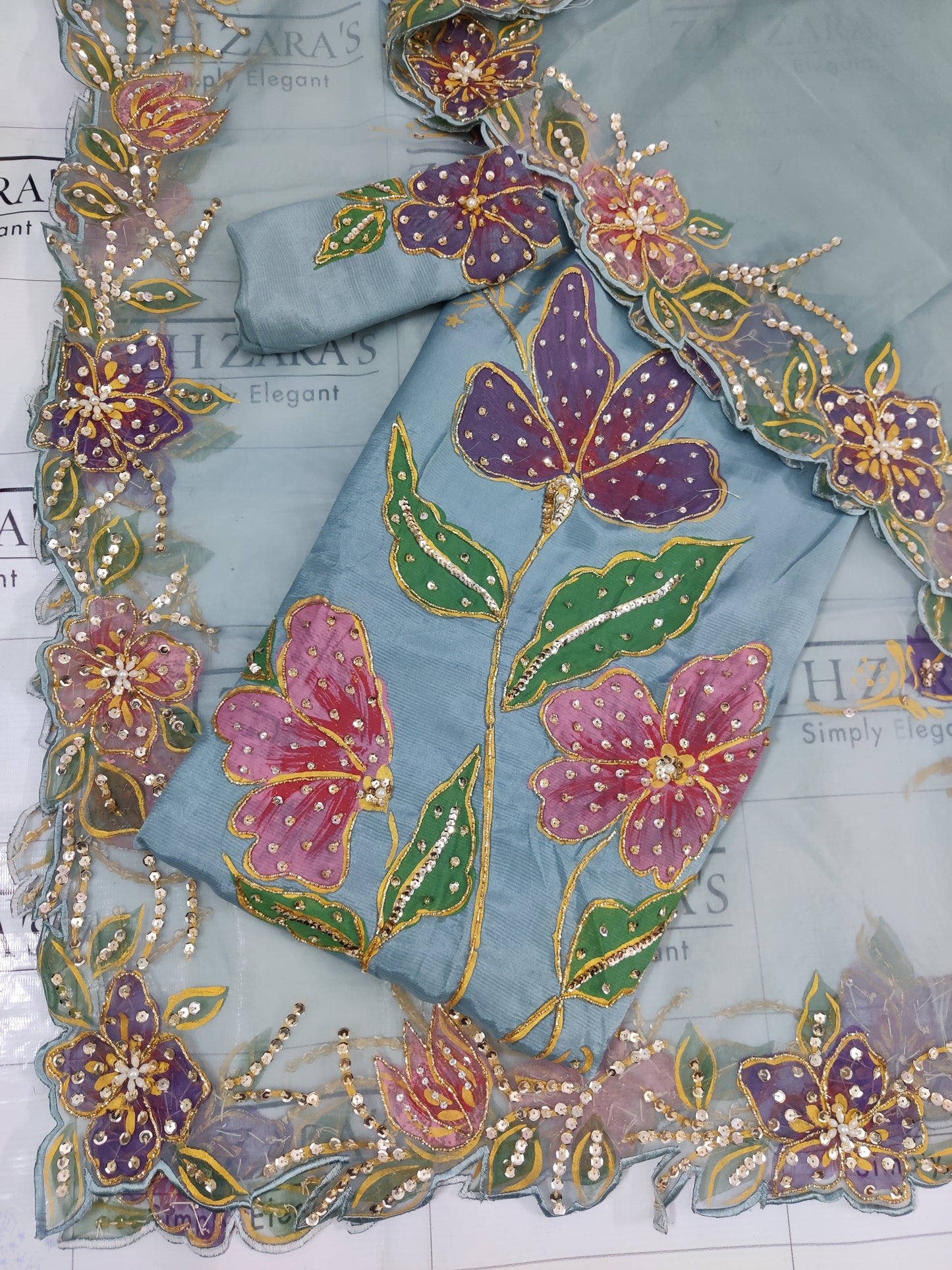 Aqua Hand Embellished Hand Painted Cutwork 3pc