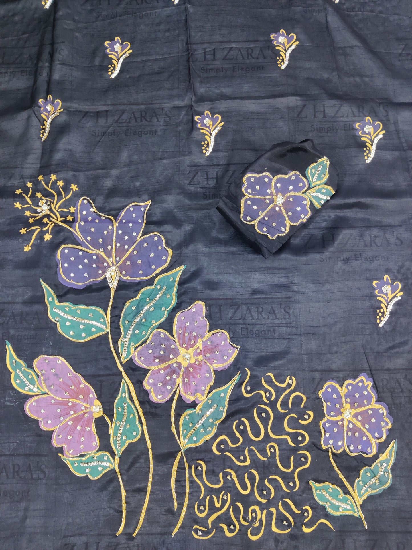 Black Hand Embellished Hand Painted Cutwork 3pc