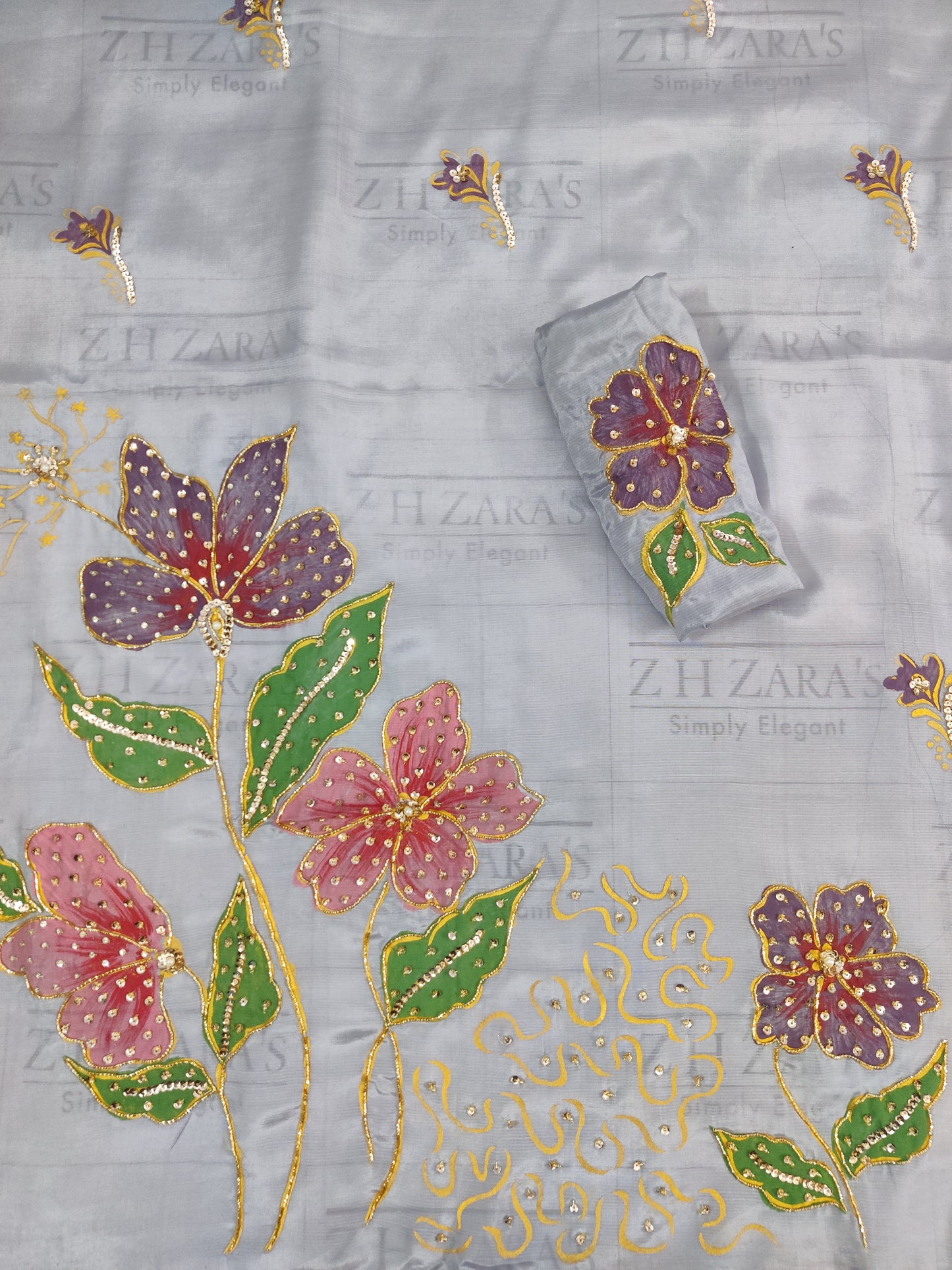 Grey Hand Embellished Hand Painted Cutwork 2pc