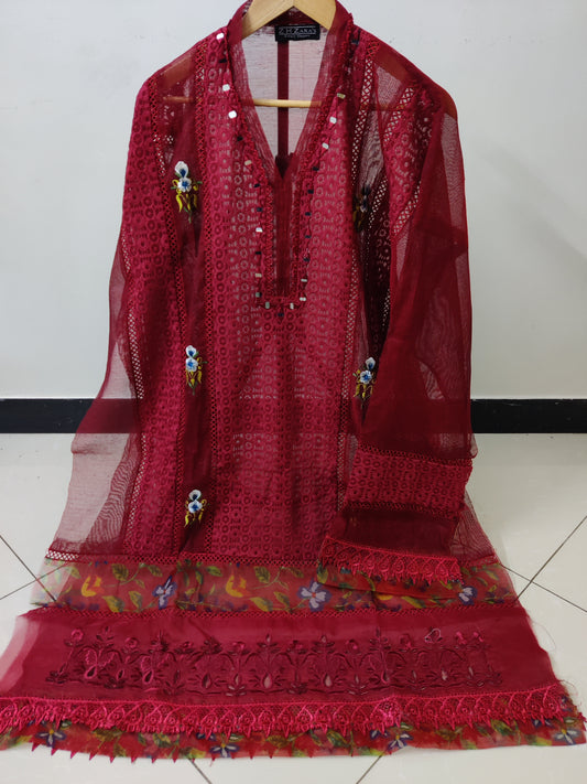 Ruby Red Organza Applique Cutwork 3pc