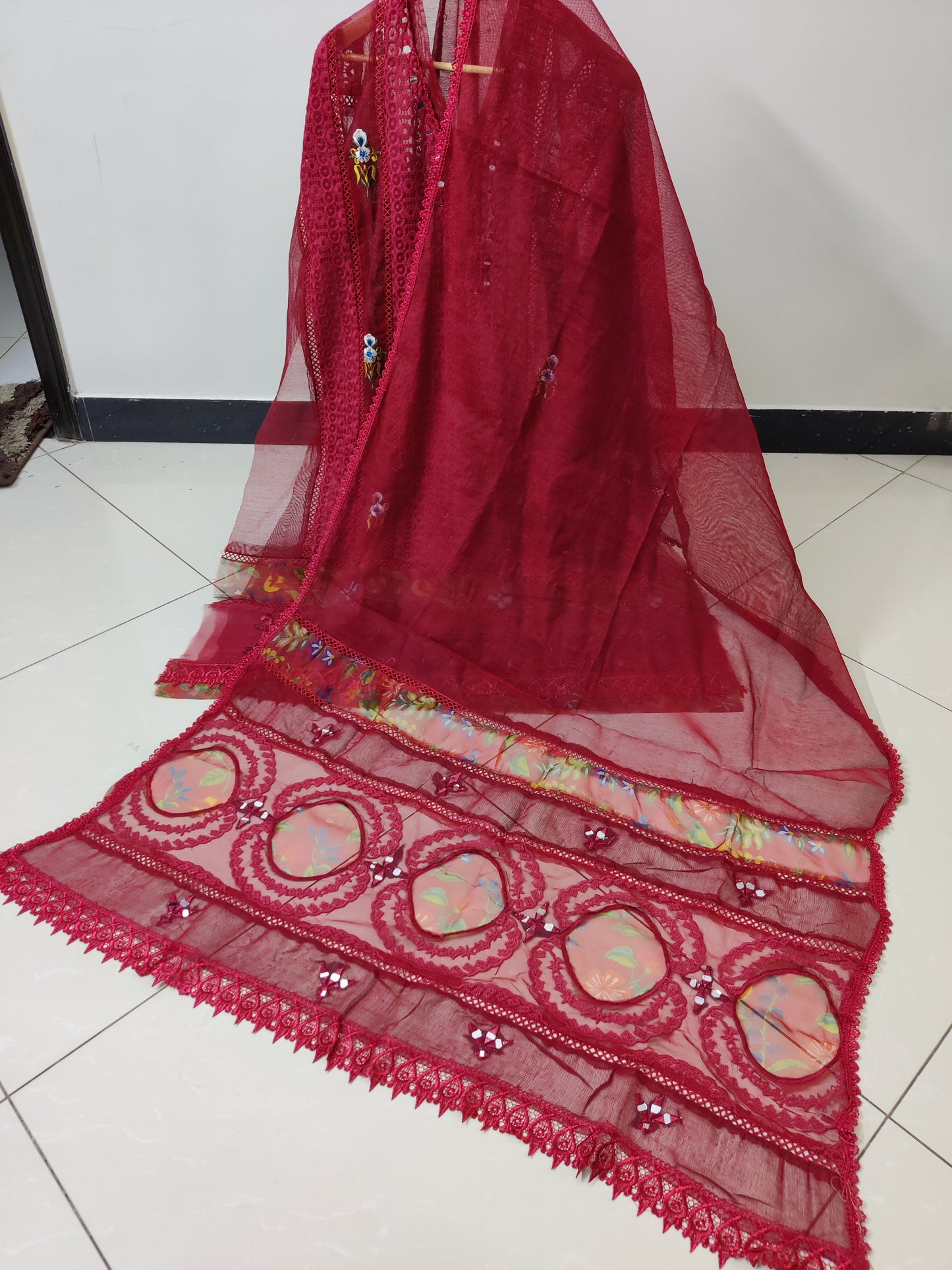 Ruby Red Organza Applique Cutwork 3pc