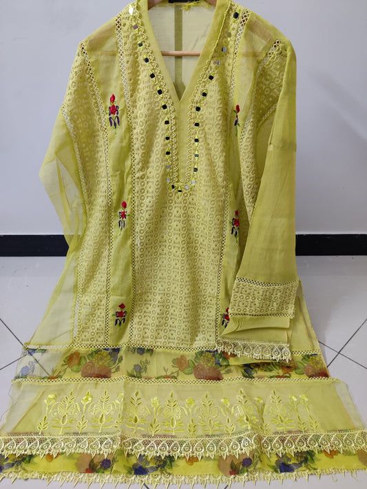 Neon Yellow Organza Applique Cutwork 3pc