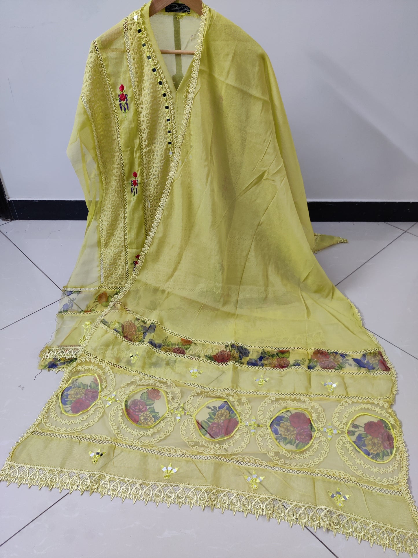 Neon Yellow Organza Applique Cutwork 3pc