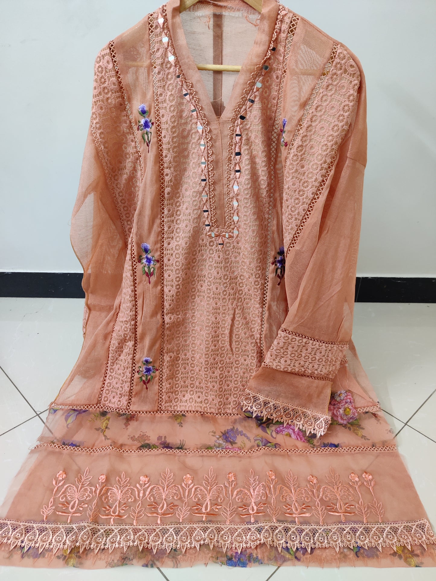 Dusty Peach Organza Applique Cutwork 3pc