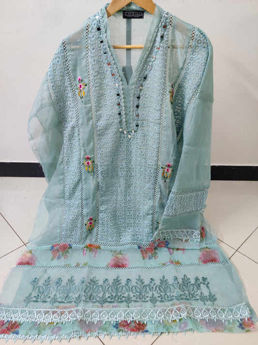 Aqua Organza Applique Cutwork 3pc