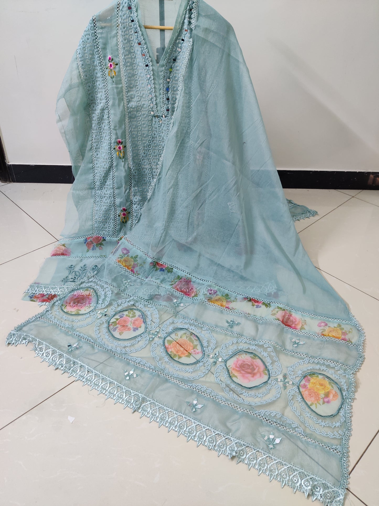Aqua Organza Applique Cutwork 3pc