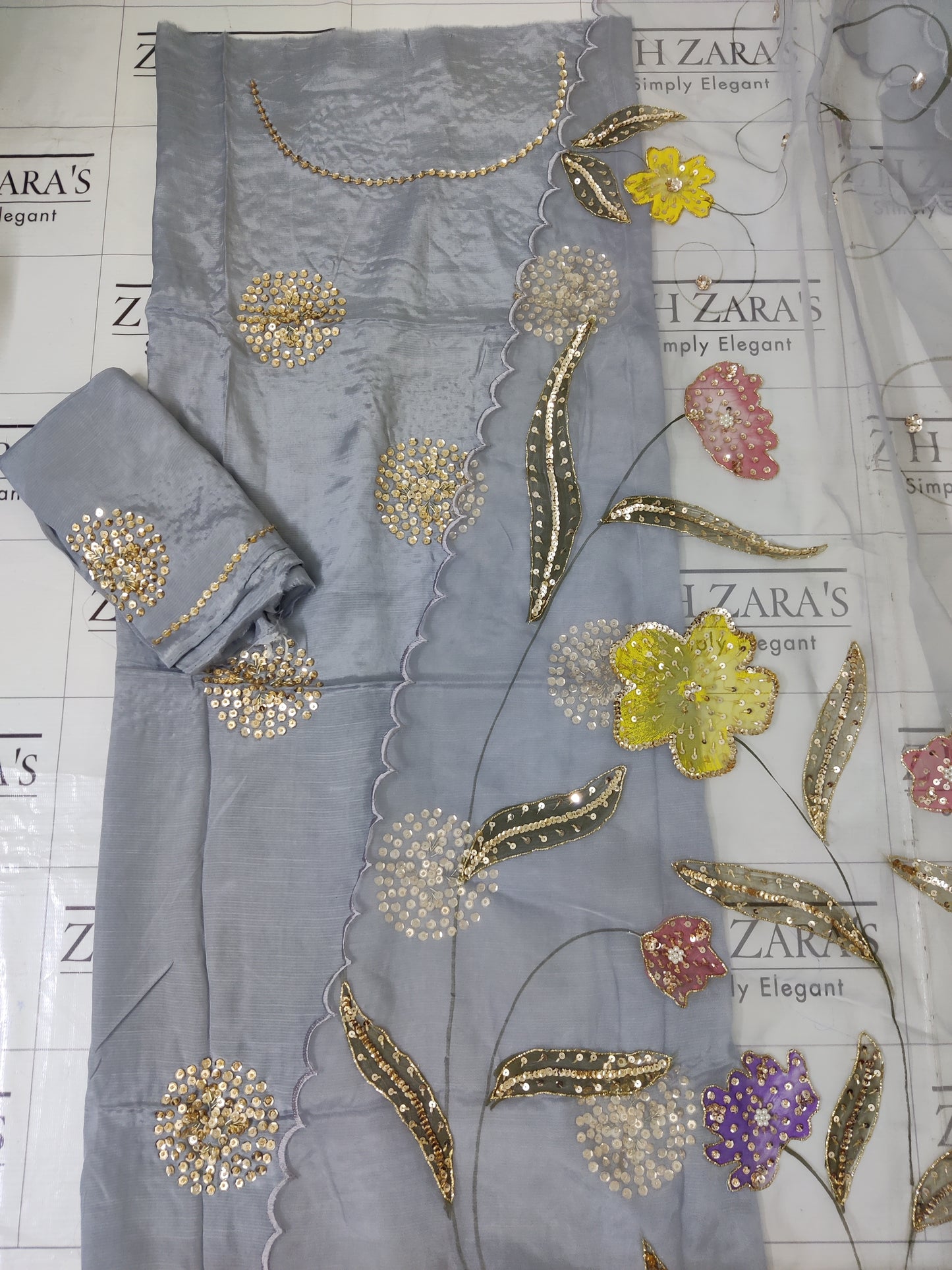 Grey V2 Hand Embellished Hand Painted Cutwork 3pc