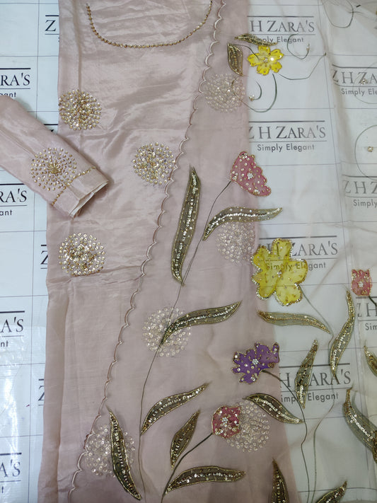 Light Tea Pink V2 Hand Embellished Hand Painted Cutwork 3pc