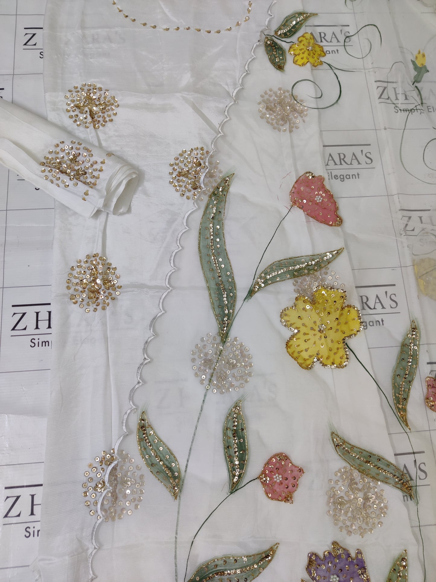 White V2 Hand Embellished Hand Painted Cutwork 3pc