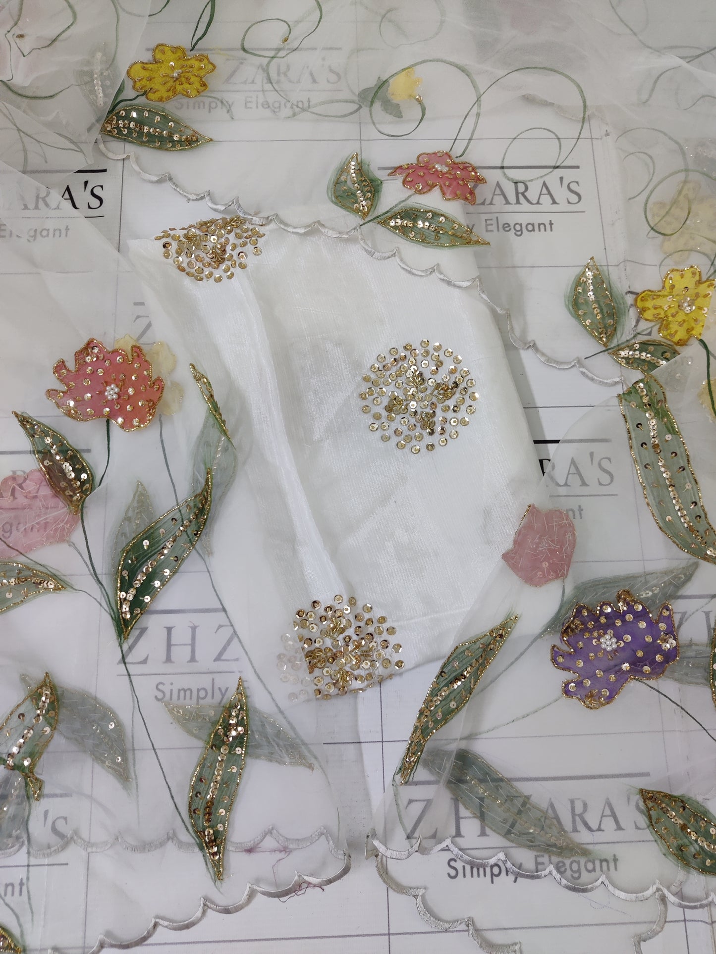 White V2 Hand Embellished Hand Painted Cutwork 3pc