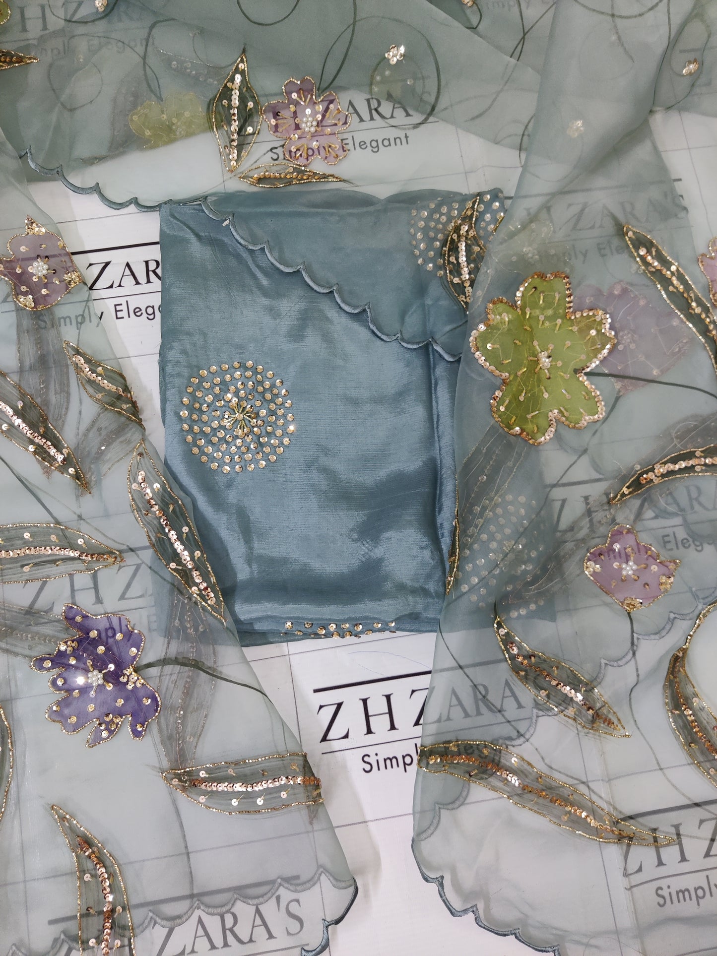 English green V2 Hand Embellished Hand Painted Cutwork 2pc