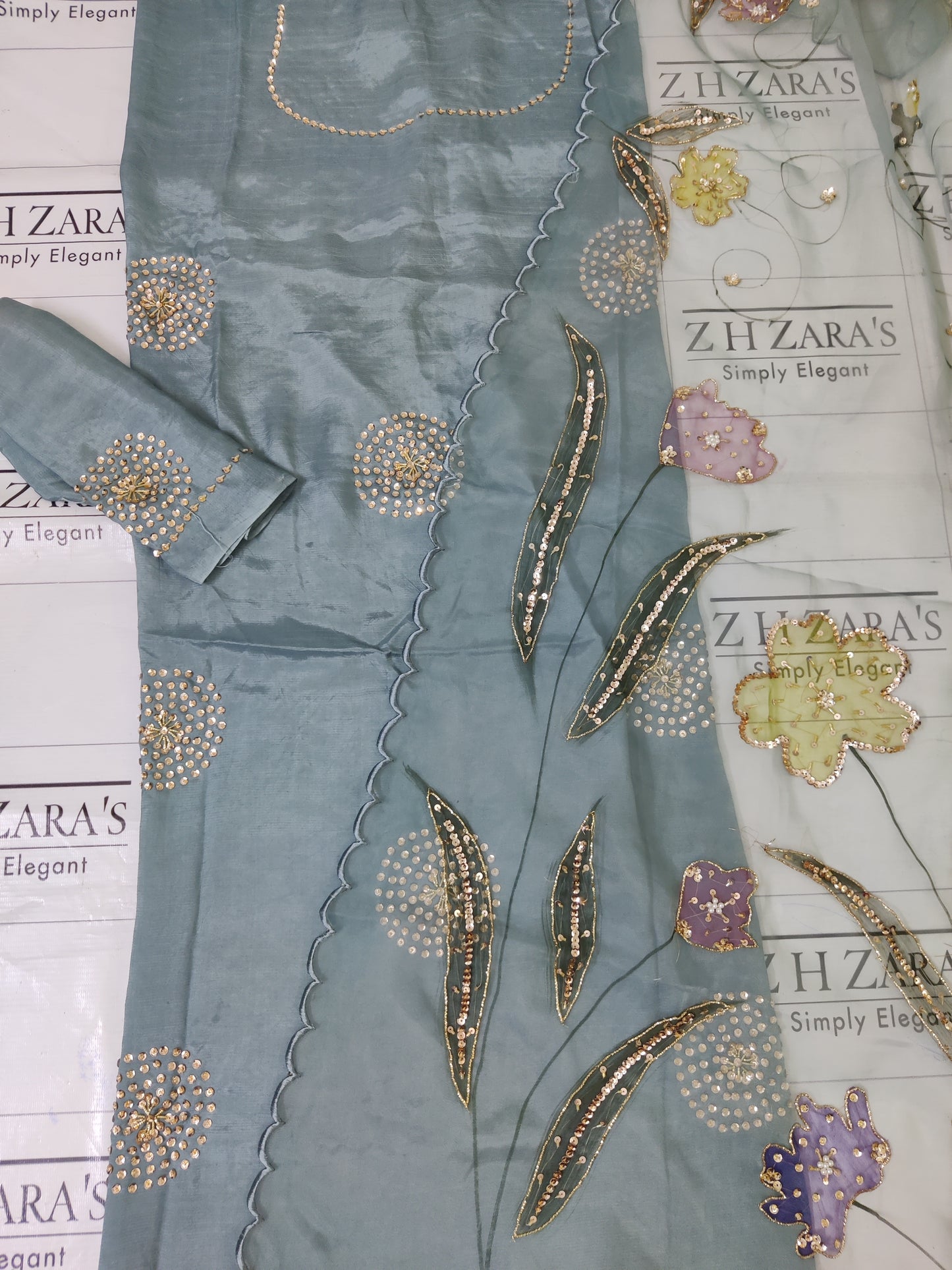 English green V2 Hand Embellished Hand Painted Cutwork 2pc