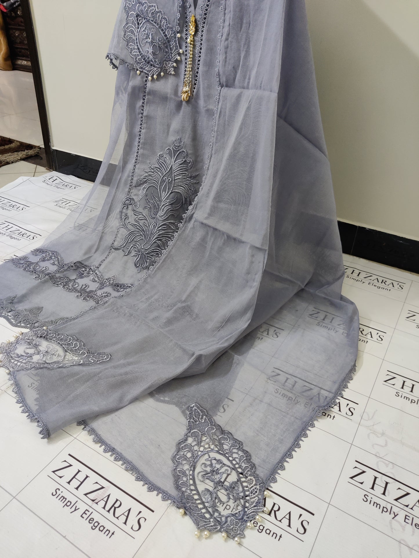 Grey Tassel Cutwork 2pc