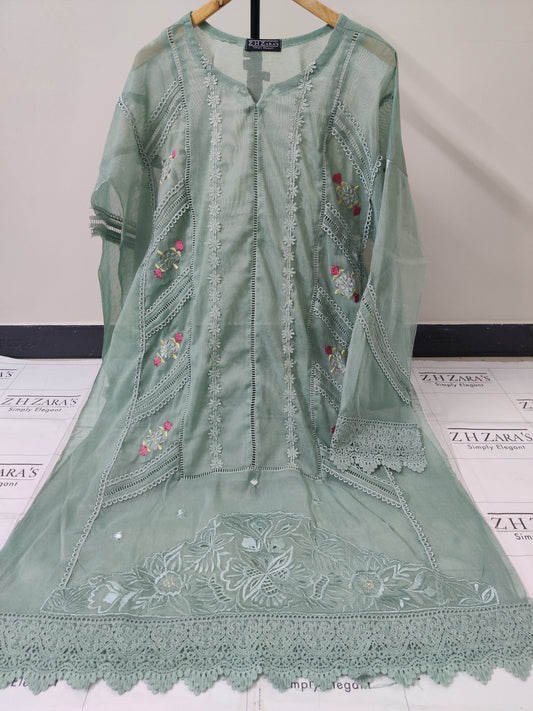 Olive Mint Green Cut Panel Cutwork 3pc