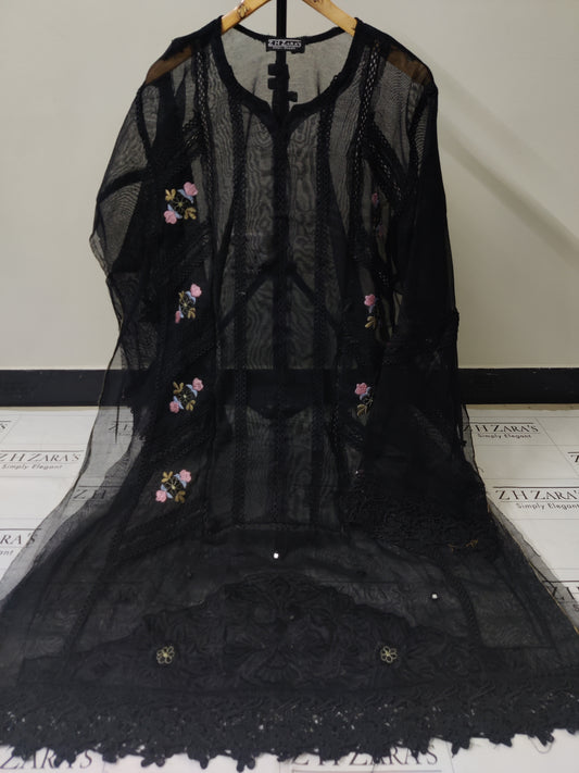 Black Cut Panel Cutwork 3pc