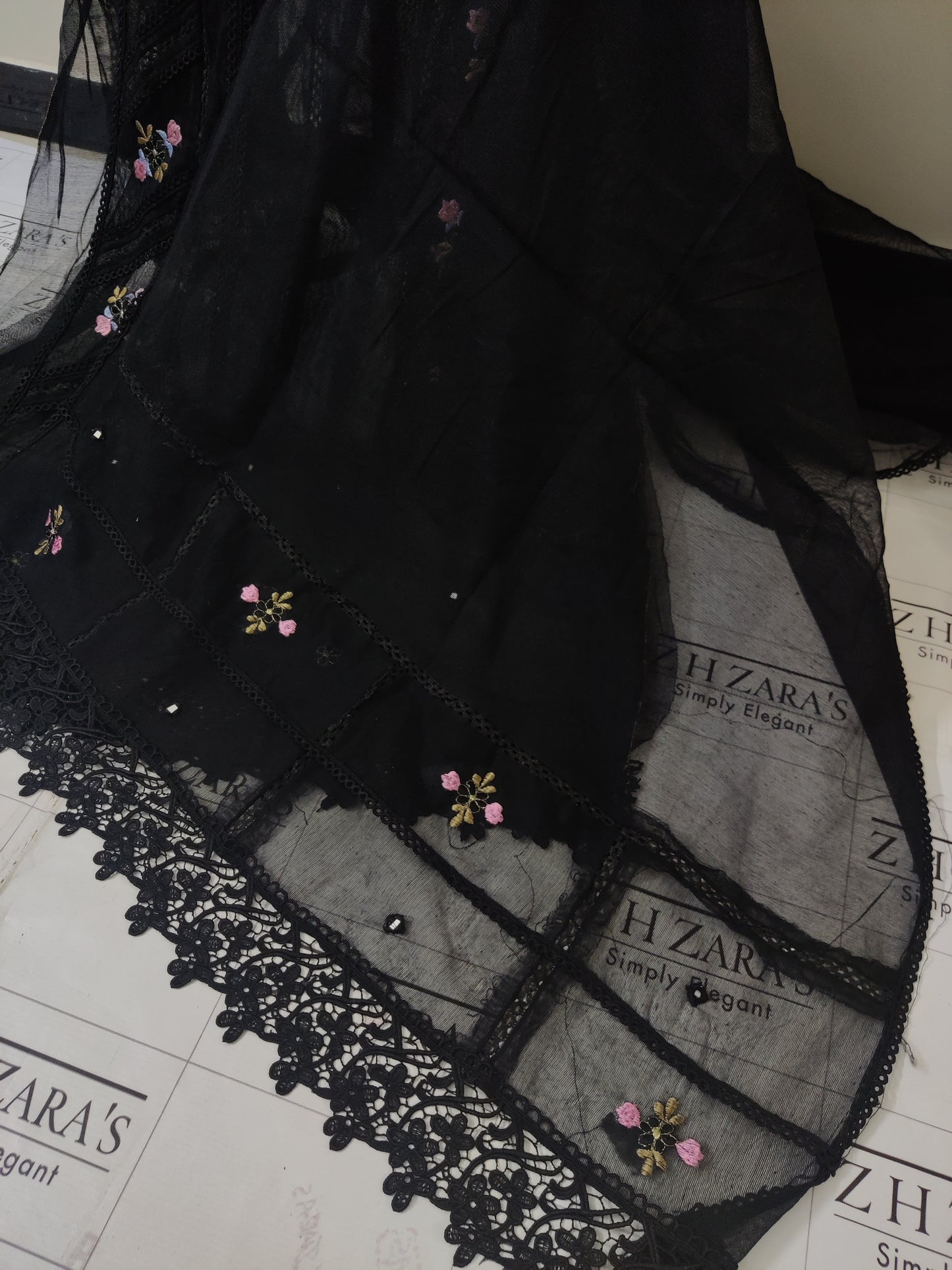 Black Cut Panel Cutwork 3pc
