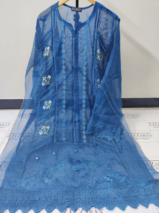 Teal Peacock Cut Panel Cutwork 3pc