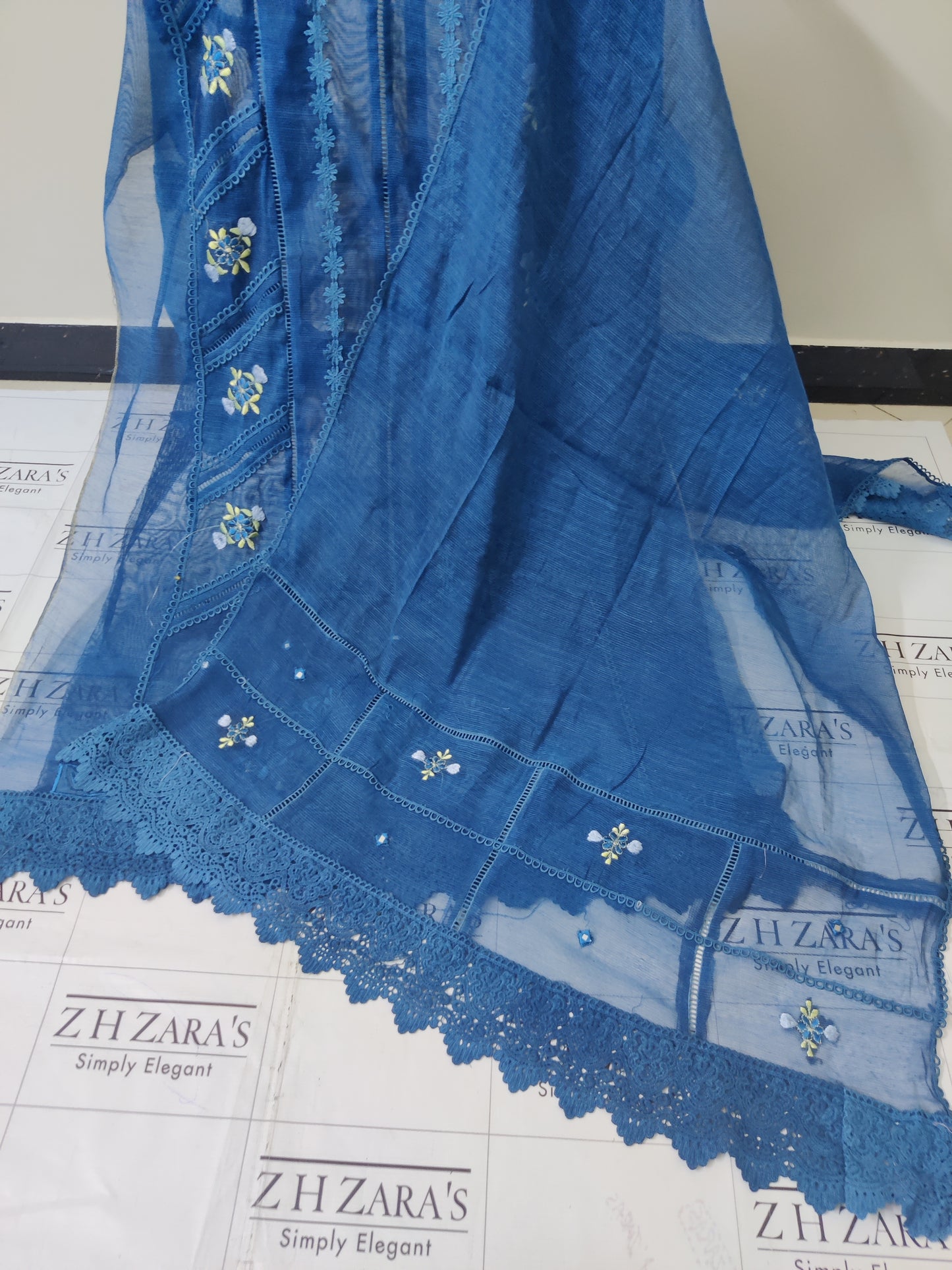 Teal Peacock Cut Panel Cutwork 3pc
