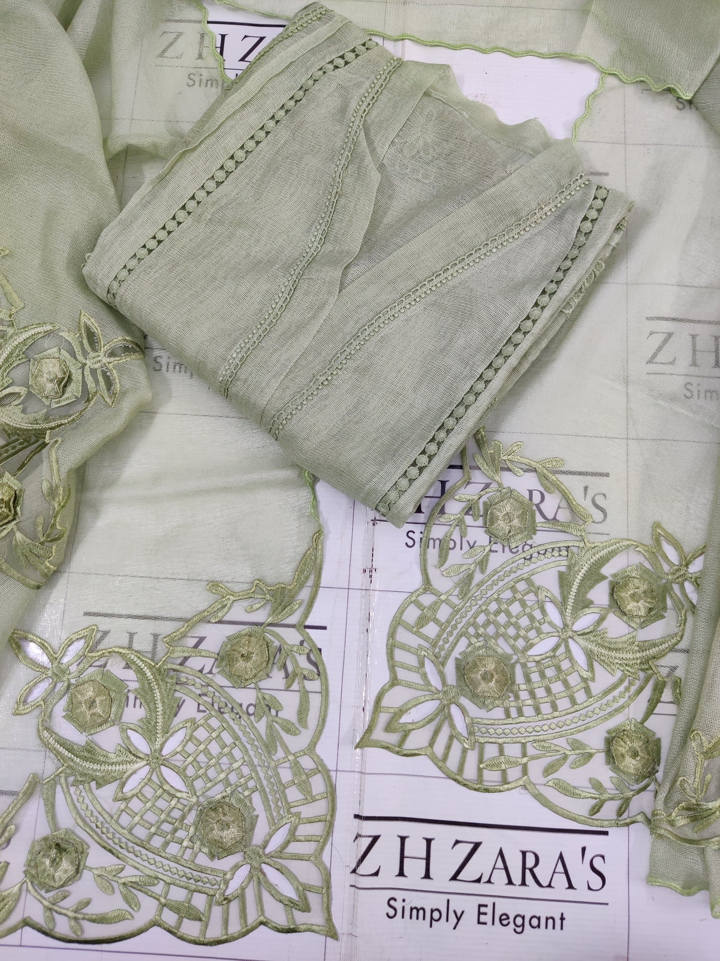 3d Cutwork Daman Pistachio Green 2pc
