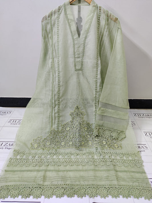 3d Cutwork Daman Olive Green 2pc