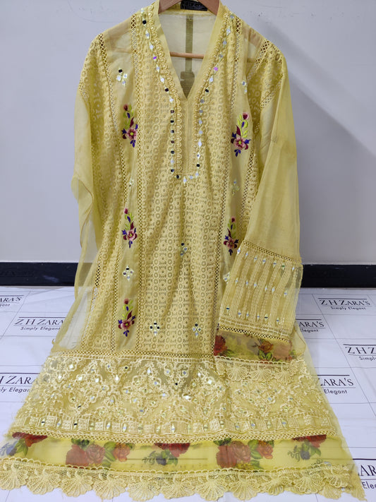 Dew Yellow Digital Embroidery 3pc