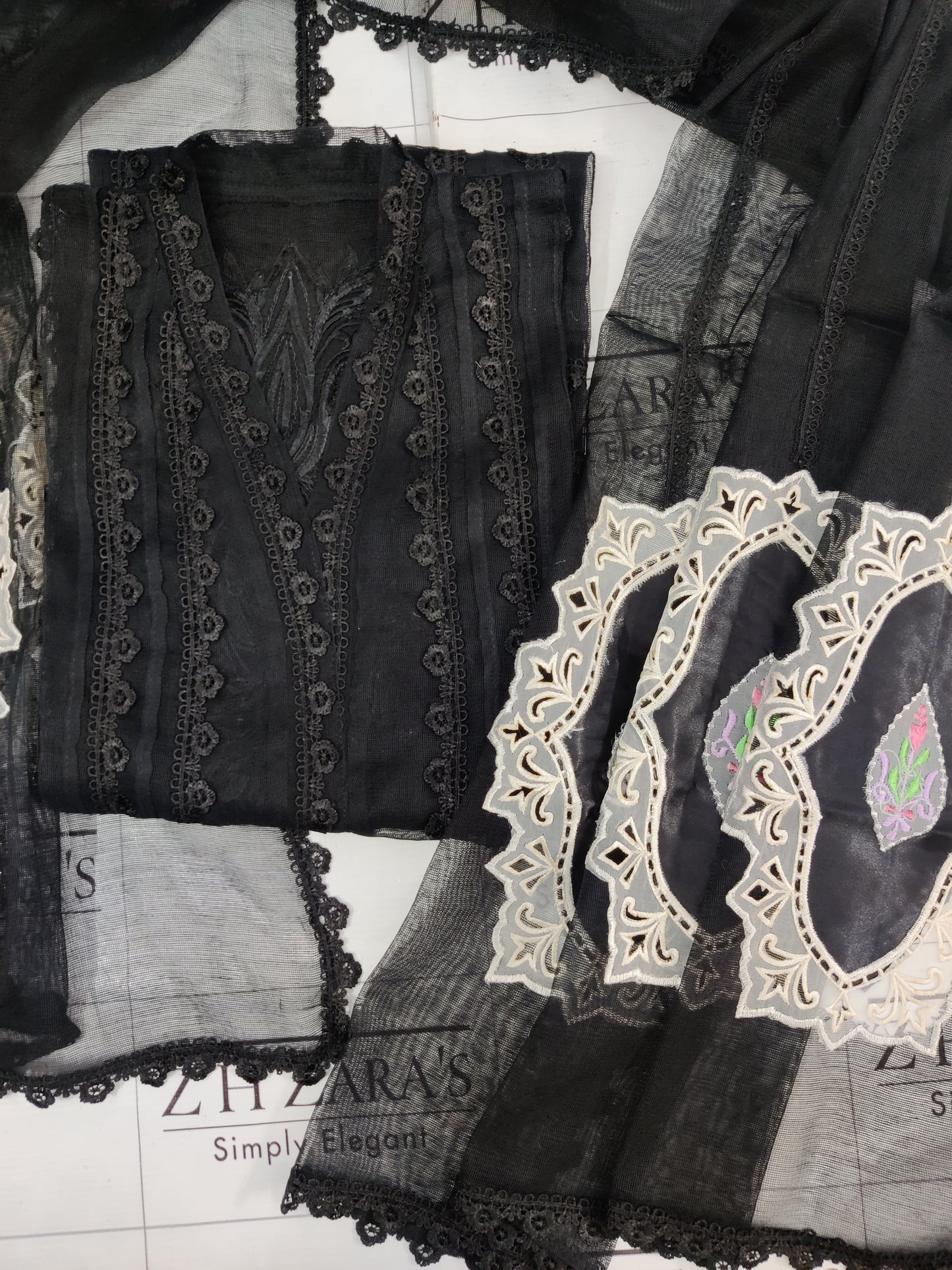 Black Cutwork Silk Applique 2pc