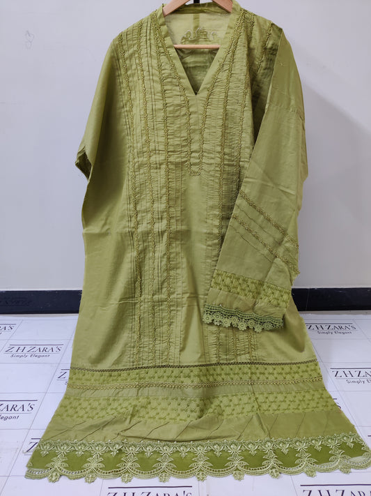 Olive Green 3d Cutwork Daman 3pc