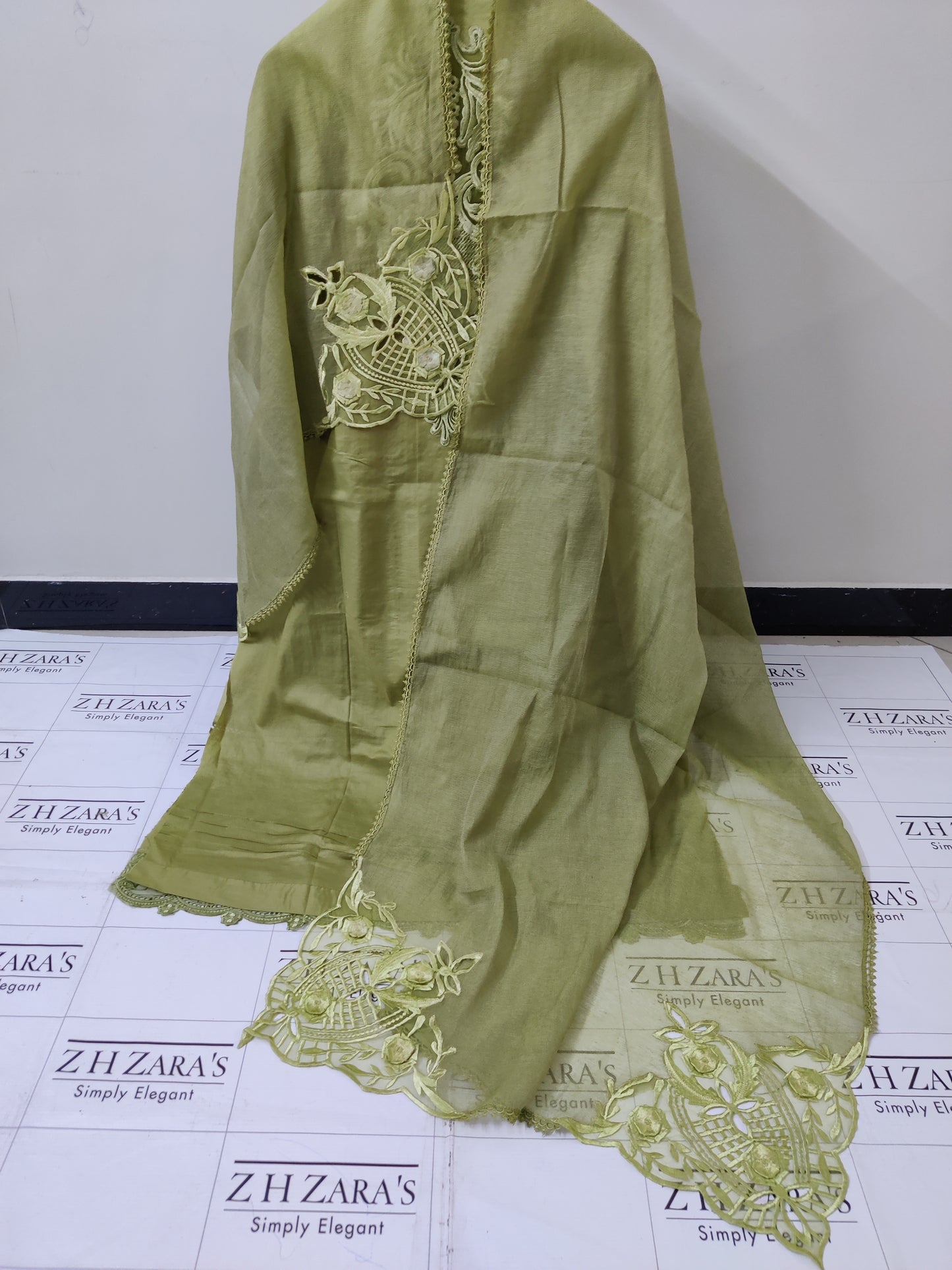 Olive Green 3d Cutwork Daman 3pc