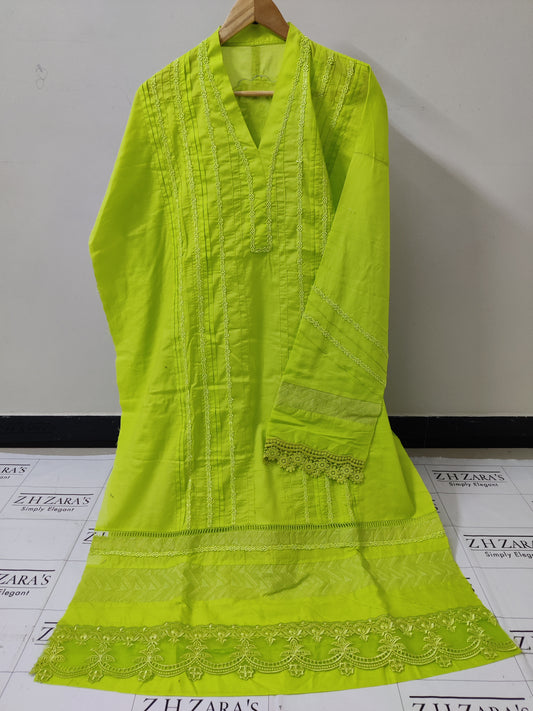 Neon Green Lawn 3d Cutwork Daman 3pc