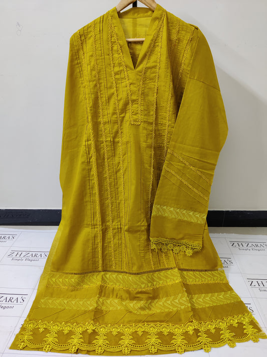 Mustard Lawn 3d Cutwork Daman 3pc