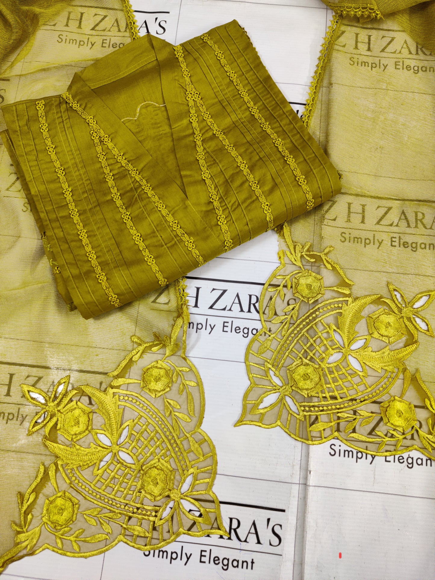 Mustard Lawn 3d Cutwork Daman 3pc