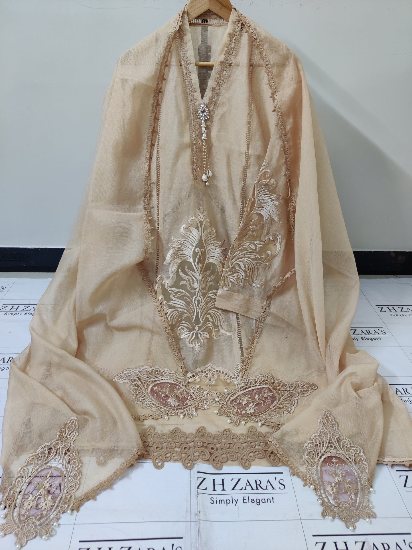 Coffee Beige Tassel Cutwork 2pc
