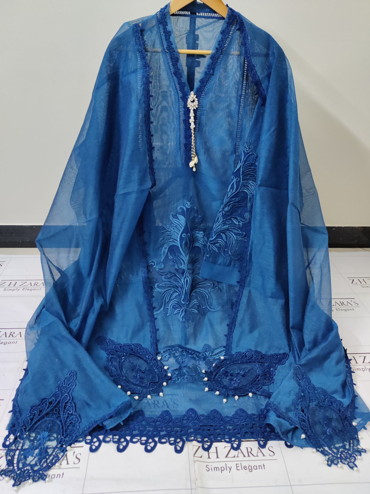 Teal peacock Tassel Cutwork 2pc