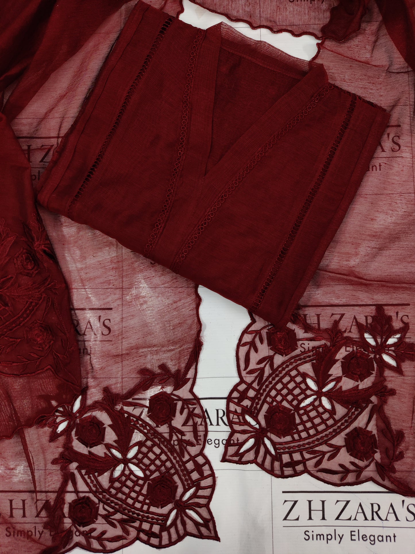 3d Cutwork Daman Maroon 2pc