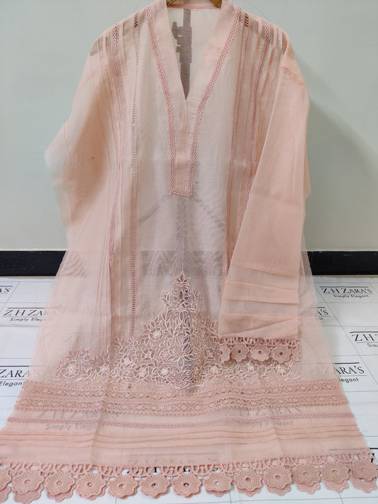 3d Cutwork Daman Peach 2pc
