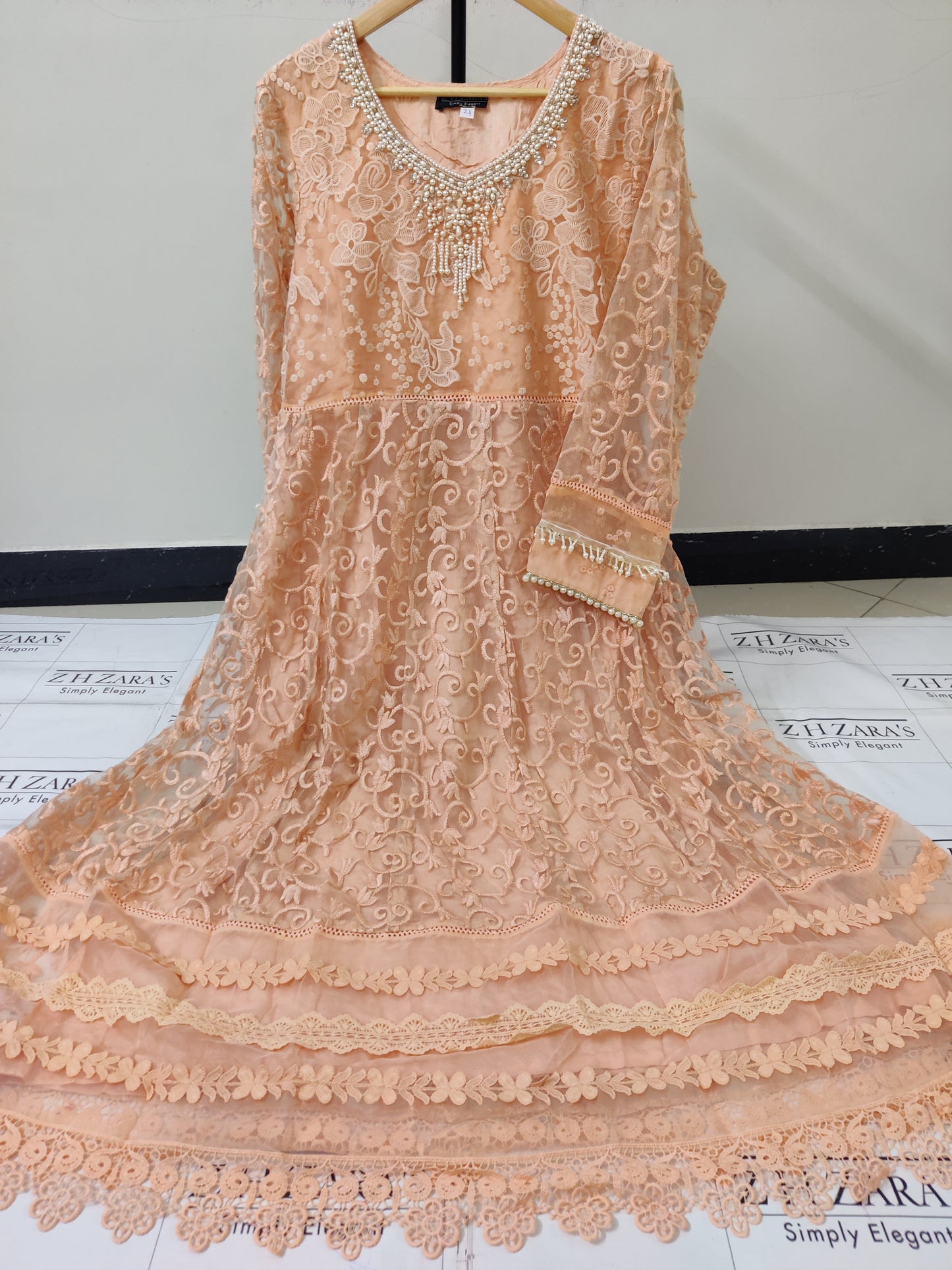 Stitched 4pc Anarkali Frock Mud Peach
