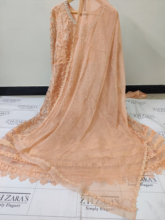 Stitched 4pc Anarkali Frock Mud Peach