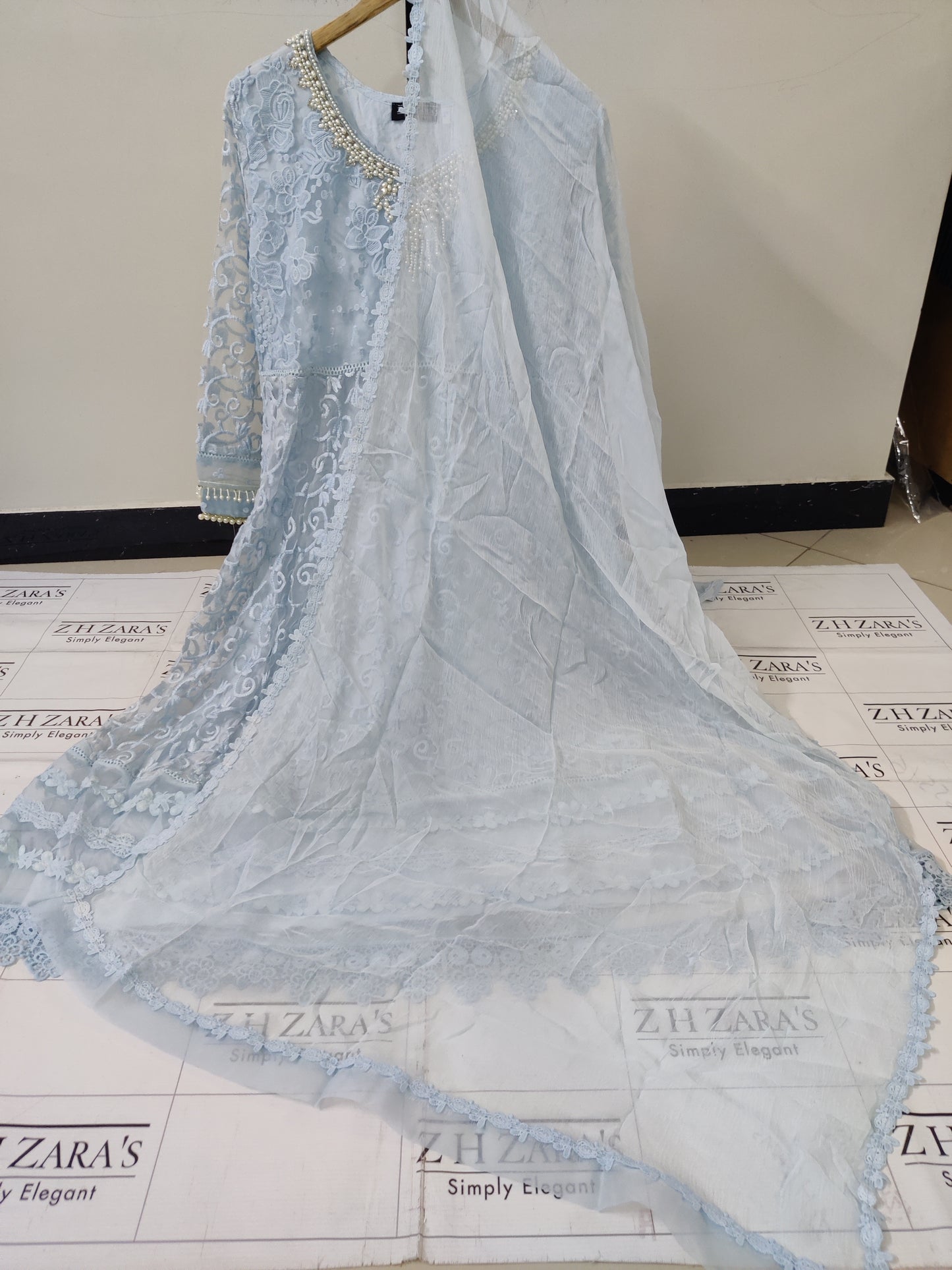 Stitched 4pc Anarkali Frock Ice Blue