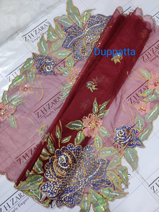 Maroon Hand Embellished Hand painted Cutwork