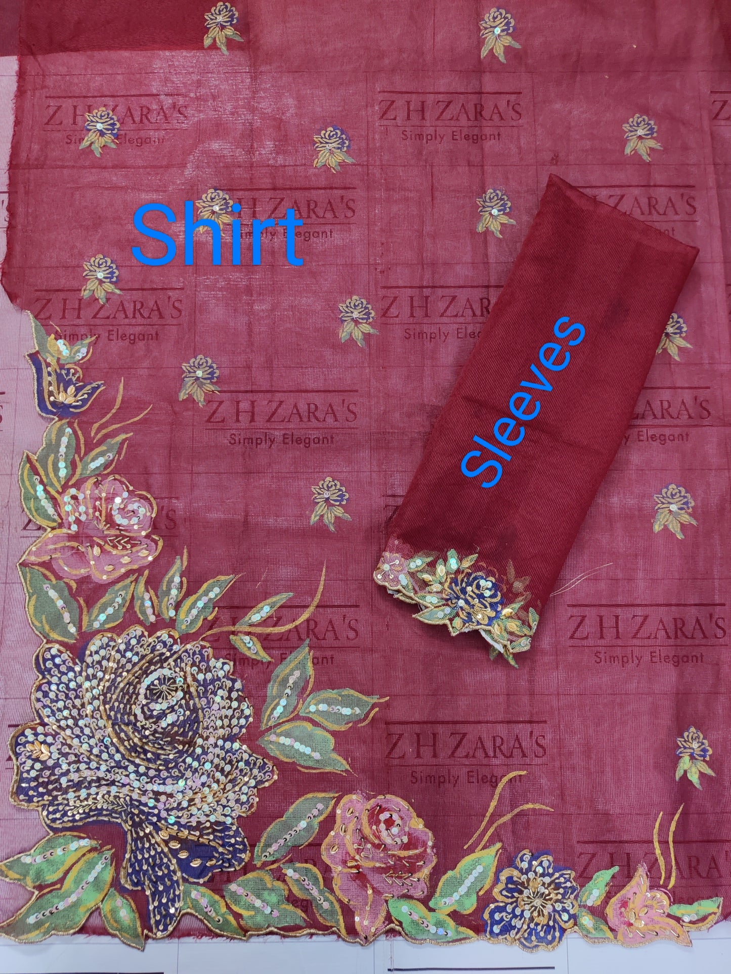 Maroon Hand Embellished Hand painted Cutwork