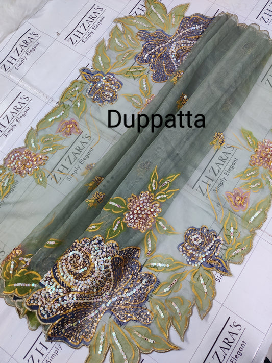 Pista Olive Green Hand Embellished Hand painted Cutwork