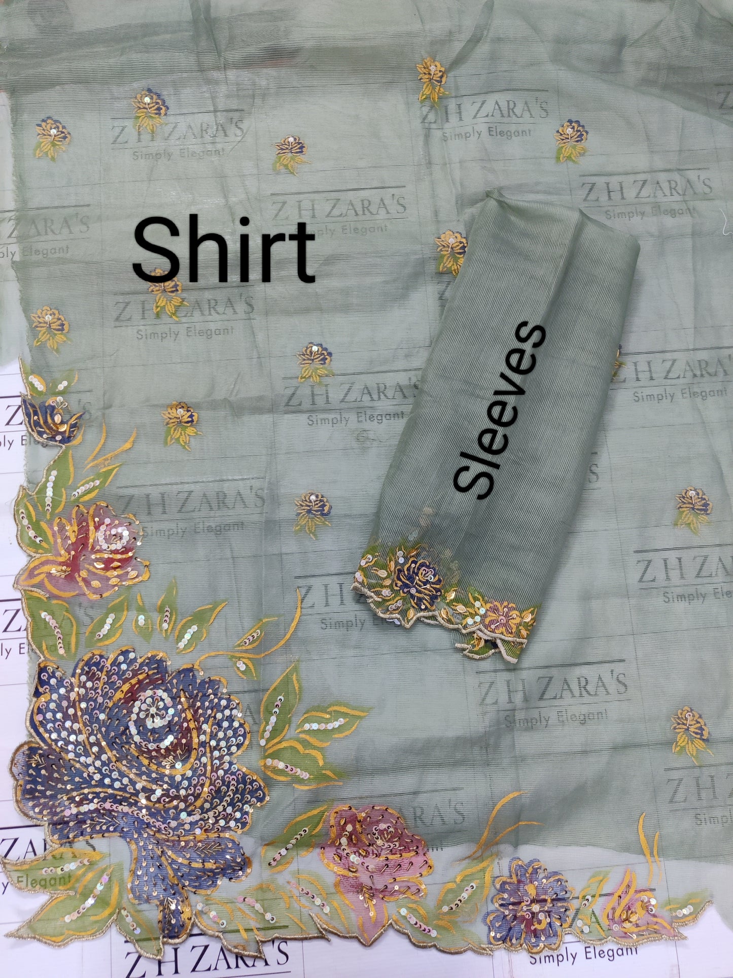 Pista Olive Green Hand Embellished Hand painted Cutwork