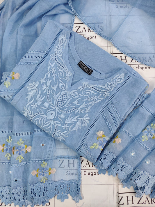 Ice Blue Cut Panel Cutwork 3pc