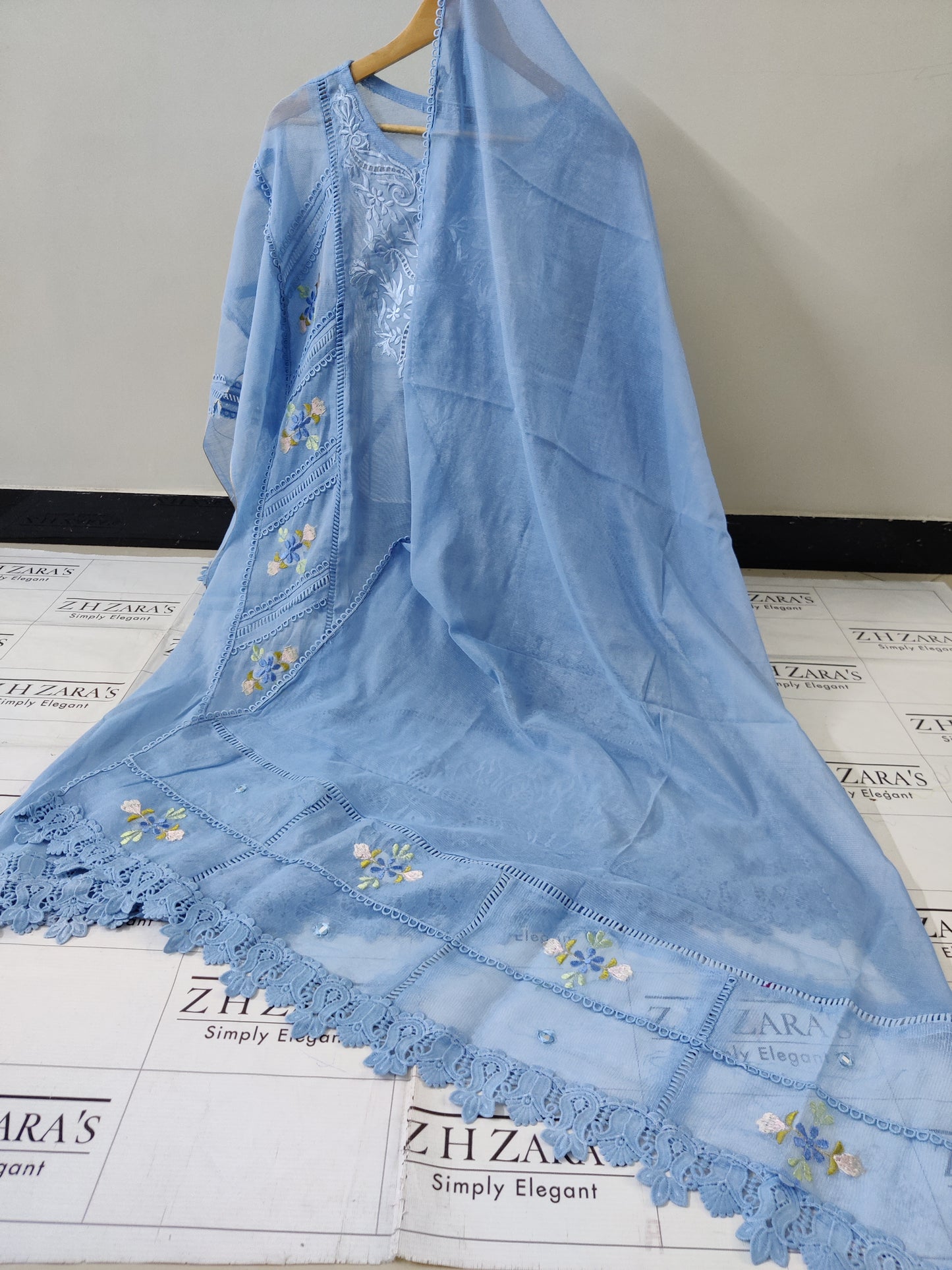 Ice Blue Cut Panel Cutwork 3pc